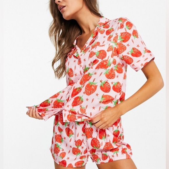 ASOS DESIGN Pink Lightning Bolt Strawberry Pajama Top Modal Shirt Size 8 - Picture 1 of 15